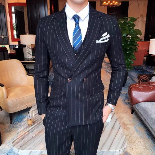Color: SKY BLUE, Size: 4XL - Gray Men Classic Striped/Checked Suits, Business Office 3 Piece, Asian F640-12000042022812209