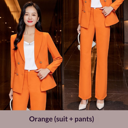 Color: Orange, Size: XL-Set, Style:  - Womens Formal Suit Korean-Style Slim-Fit Casual Blazer With  Q119-CJYD270966829CX