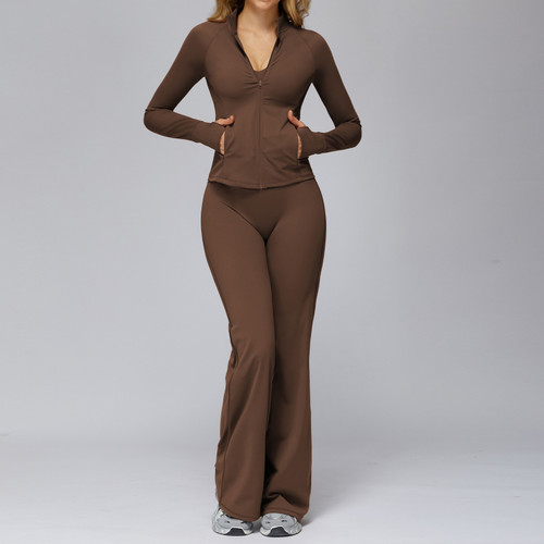 Color: Brown, Size: M - Women's Brushed Fabric Tight Top And Pants Casual Sports Suit Q119-CJDK264759718RI