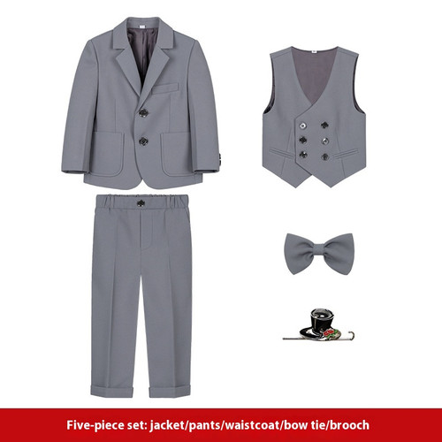 Color: Gray 5 Pieces, Suitable For Height: 120cm - Boy's Suit Dress British Solid Color Q119-CJYE242741322VE