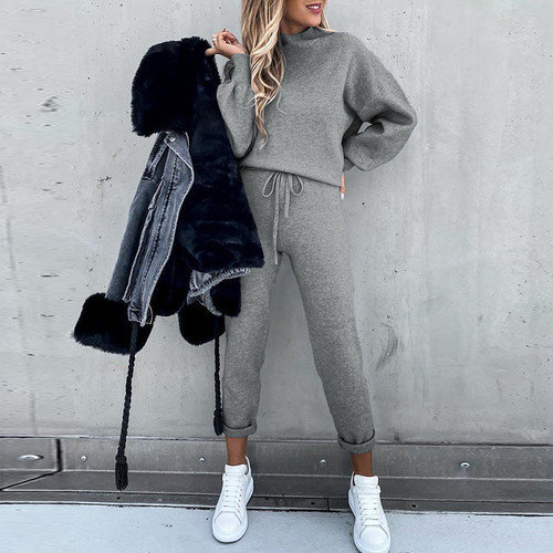 Color: Grey, Size: XL - Fashion high collar casual solid color trousers two-piece suit Q119-CJNSSYTZ05415-Grey-XL