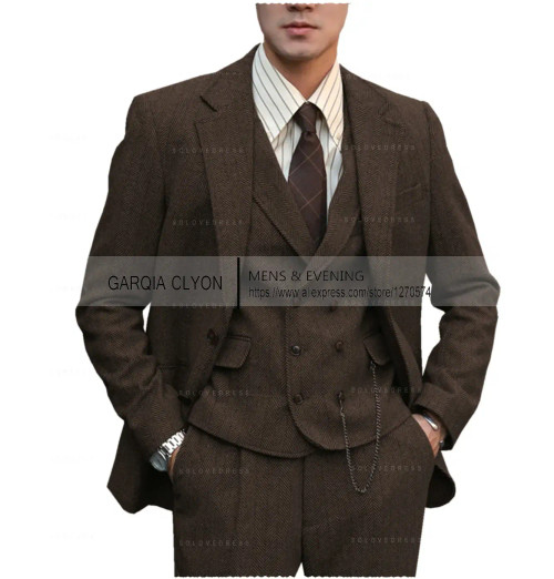 Color: army green, Size: M - Tweed Herringbone 3 Pieces Herringbone Men's Business Suits Single Bre F640-12000034820820673