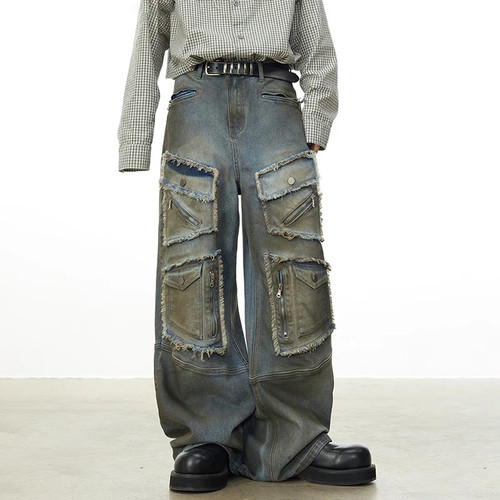 Color: Denim Blue Pant, Size: L - Multi-pocket Zipper Do The Old Cowboy Jacket Vintage Straight Jea Q119-CJXZ203323906FU