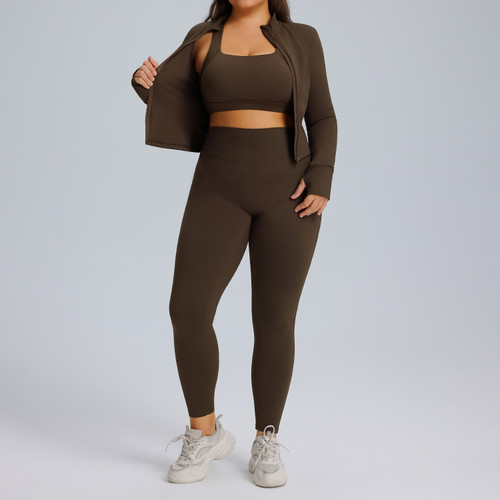 Color: Chocolate, Size: S-3pcs, Specifications:  - Womens High-Elastic Quick-Dry 3-Piece Sportswear Q119-CJDK265839623WD