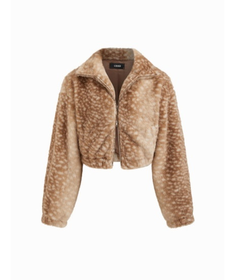 Style: Camel Top, Size: S - Fur Deer Print Fuzzy Zip-up Long Sleeve Top Q119-CJBQ260750302BY