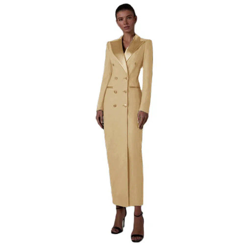 Color: Champagne, Size: XS - Women's Suit Long Jacket One Piece Blazer Double Breasted Formal Tuxed F640-12000034715518067