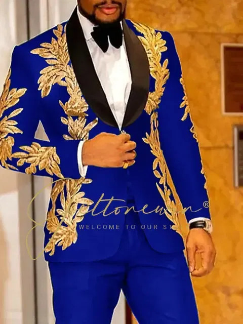 Color: ROYAL BLUE, Size: XS - Luxury Groom Wedding Tuxedos Gold Sequins Appliques Black Men Suits S F640-12000044577113941