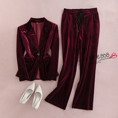 Color: Wine Red, Size: 5XL-Suit, style:  - Black Pleuche Temperament Slim Fashion Velvet Suit Q119-CJTZ256894054BY