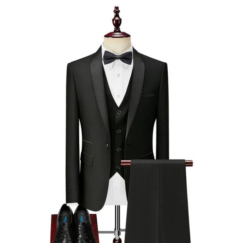 Color: black, Size: L - Shenrun Men Tuxedo Slim Fit Fashion Suit Wedding Shawl Lapel 3 Pieces Skinn F640-67393488658