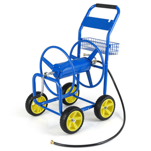 Garden Hose Reel Cart Metal Hose Cart with 4 Wheels and Storage Basket-Blue - Color: Blue D681-GT4364BL