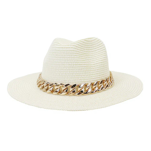 Color: Ivory, Size: M - Fashion Gold Chain Belt Panama Straw Hats For Women Summer Breathable Beach F640-12000026716467909