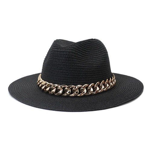 Color: black, Size: L - Fashion Gold Chain Belt Panama Straw Hats For Women Summer Breathable Beach F640-12000029396401454