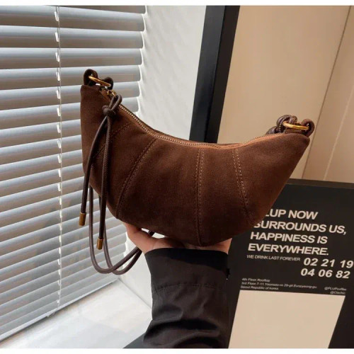 Color: Coffee - Velvet Material Zipper 2024 High Quality Shoulder Bag Solid Color Simple Fashionabl F640-12000041035154167