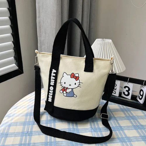 Color: Beige - Sanrio Hello Kitty Kuromi Canvas Shoulder Bag Kawaii Anime Print Lightweight Crossbo F640-12000049894291120