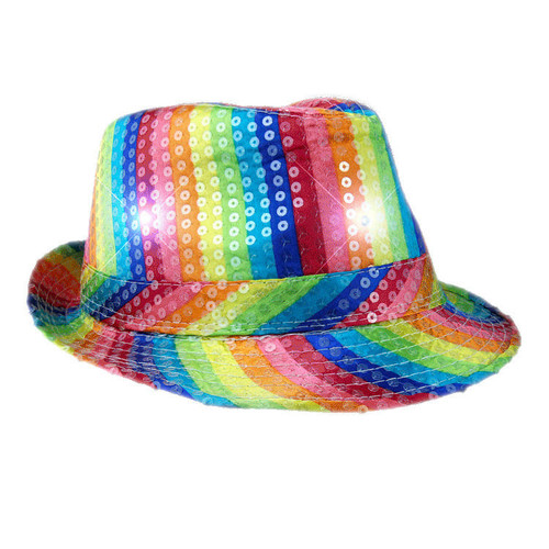 Light Up LED Flashing Fedora Hat with Rainbow Sequins A706-3995440