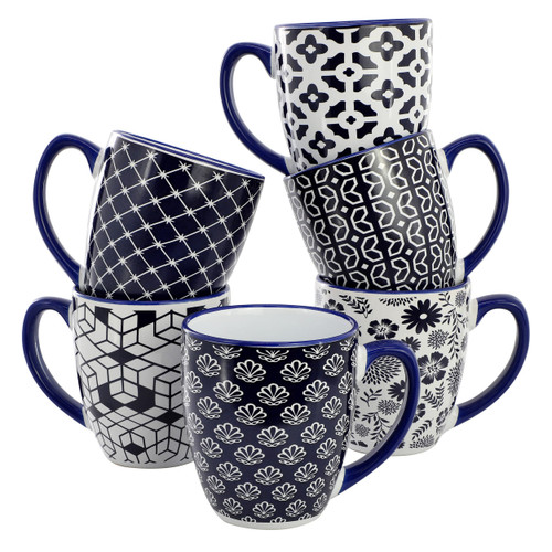 Elama Flyn 6 Piece 16 Ounce Assorted Design Stoneware Mug Set in Navy Blue and White D970-ELM-FLYN