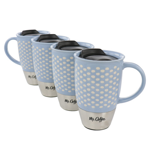 Mr. Coffee Coupleton Dot 4 Piece 15 Ounce Stoneware and Stainless Steel Travel Mug Set with Lid in  D970-138933.01