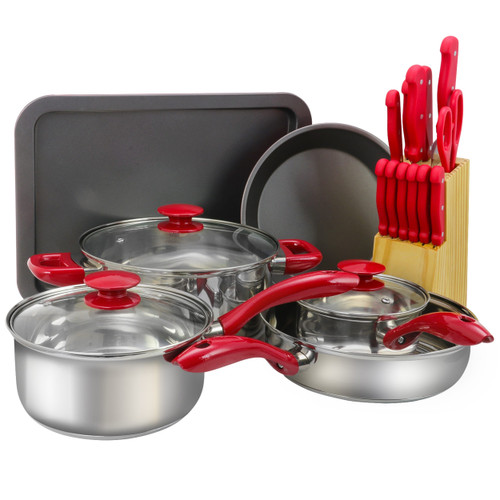 MegaChef 22 Piece Aluminum Cookware Combo Set in Red D970-MC-CS2200