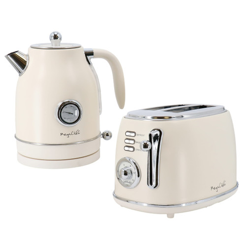 MegaChef 1.8 Quart Electric Tea Kettle and 2 Slice Toaster Combo in Matte Cream D970-MC-BTBK-C