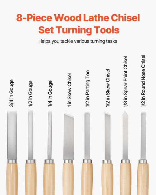 Wood Lathe Turning Tool Set, 8PCS, Lathe Chisel Set with Carbon Steel Blade, 2 Skew, 1 Spear Point, E415-MBMGCDYTSWDPUXJ3J001V0