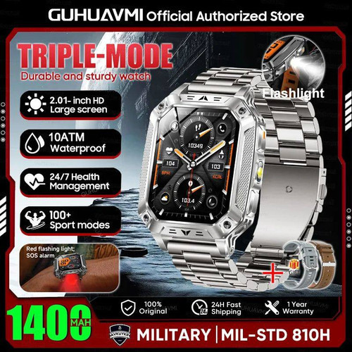 Style: Silver Steel 2A - New Military 1400mAh Battery Smart Watch With LED Flashlight Q119-CJJX274543319SH