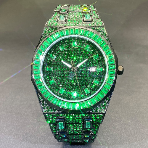 Hip Hop Men's Fashion Green Full Rhinestone Quartz Watch Q119-CJNS2556593