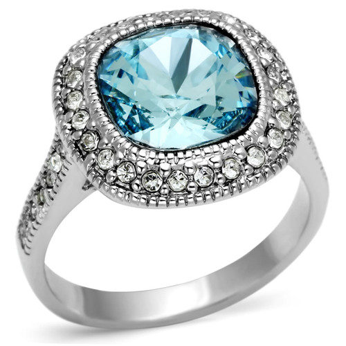 LO2506 - Rhodium Brass Ring with Top Grade Crystal  in Sea Blue A874-LO2506