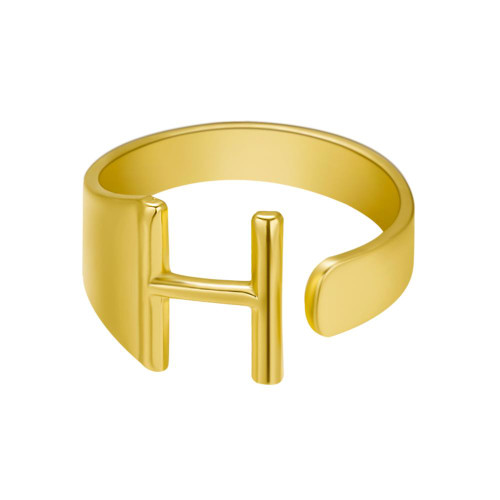 Color: Gold, style: H - New Product Copper Plated Real Gold 26 English Alphabet  Ring Adjustable Re Q119-CJLX113662334HS