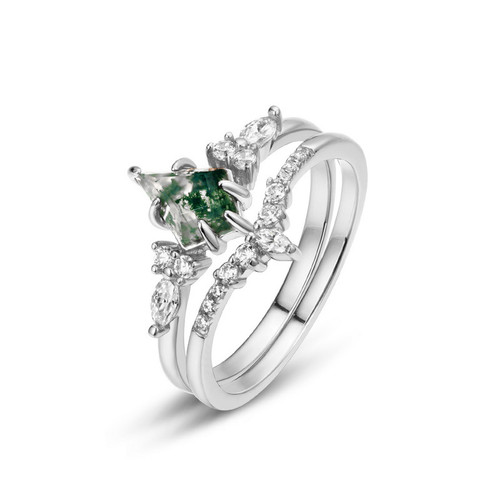 Color: Style B, Size: US6 - Female S925 Silver Inlaid Green Moss Stone Ring Q119-CJLX198453305EV