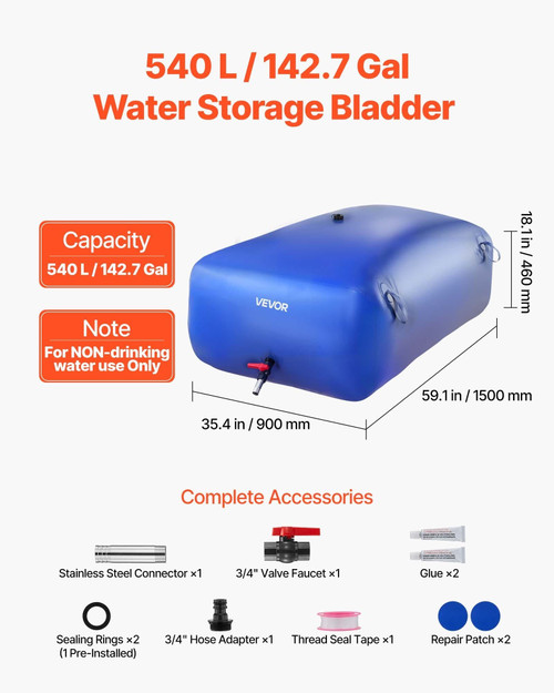 Water Storage Bladder, 142.7 Gal Collapsible Water Storage Bag, Wear-Resistant 1000D PVC Soft Water E415-CSDLSPVCB5400I9A3003V0