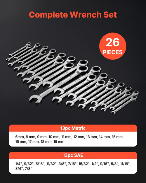 Combination Wrench Set, 26-Piece SAE and Metric, 72 Teeth, Cr-V Steel Ratcheting Wrench Set, with R E415-ZXBSTZGDS26P9018R001V0