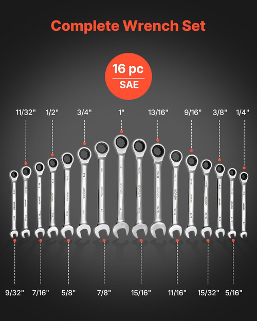 Combination Wrench Set, 16-Piece SAE Sizes, 72 Teeth, Cr-V Steel Ratcheting Wrench Set, with Roll U E415-ZXBSTZGDS16PP6JRR001V0
