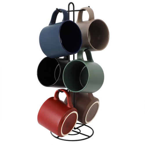 Gibson Home Dutch Yard 7 Piece 16oz Stoneware Mug Set with Metal Rack in Multi-Color D970-148630.07
