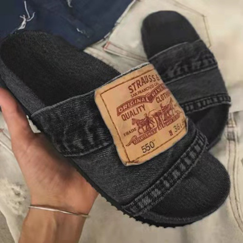 Color: Black, Shoe size: 36 - Beach Solid Color Casual Denim Fish Mouth Flat-Heel Slippers Q119-CJNS107922902BY