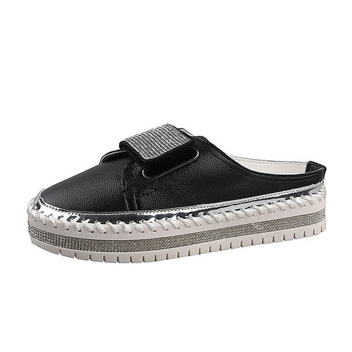Color: Black, Size: 36 - New Flat-Bottomed Rhinestone Baotou Semi Slippers Tide Q119-CJNS101893111KP