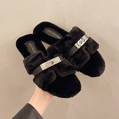 Color: # Yellow - Size: EUR36 - designer slides stylish flats slippers comfortable soft fluffy wint Y829-1438689644179177535