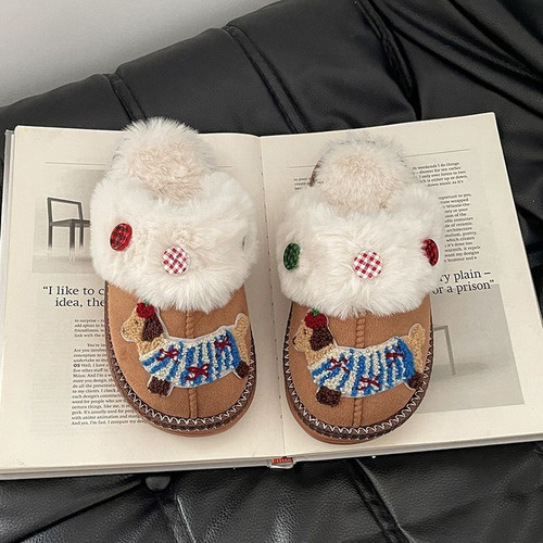 Color: Khaki, Size: 38to39 - Cute Cartoon Sausage Dog Fluffy Shoes Female Q119-CJNS254622408HS
