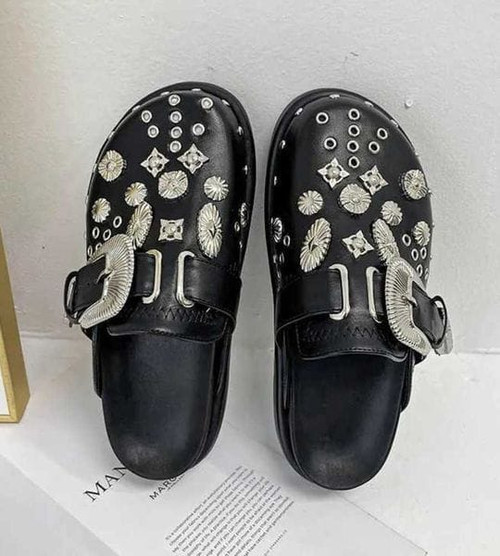 Color: black - Size: 40 - Summer Women Slippers Platform Punk Rock Leather Mules Creative Metal Fit Y829-1101983683692408902