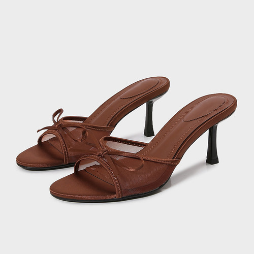 Womens Brown Mesh Sandals With Bow Detail And High Heel Q119-CJYD2752292