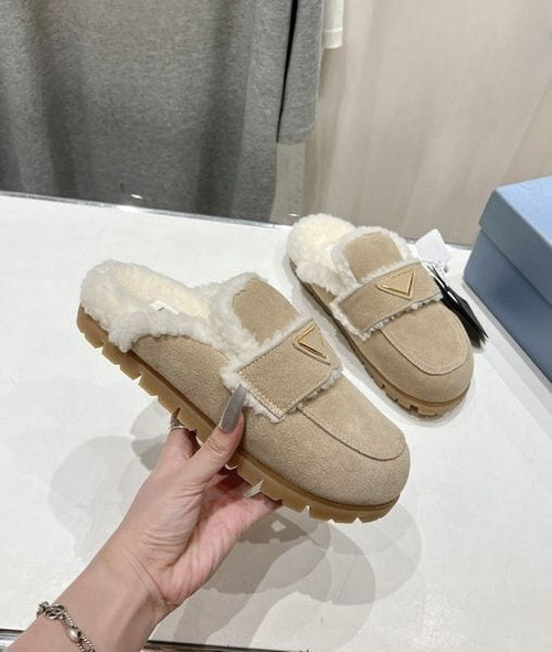 Color: straw yellow - Size: US9 - Pr-D6 Triangle Design Fur Slipper Women Winter Warm Mule Sandal I Y829-1307136326071013540