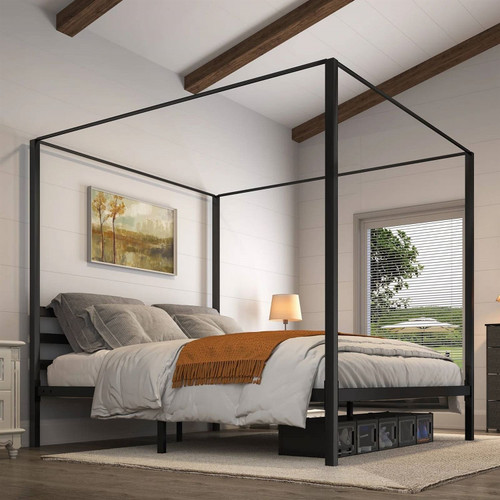 King size Modern Four Poster Metal Canopy Bed in Black Finish Q280-KNBLCB17295436