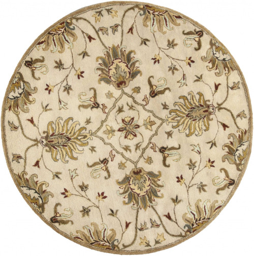 5' Round Champagne Floral Vine Wool Indoor Area Rug N270-375530