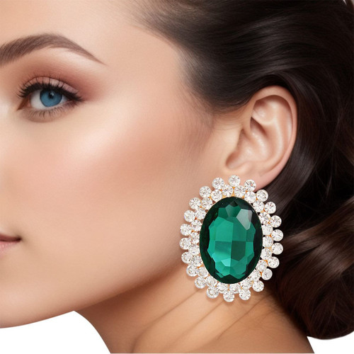 Clip On Medium Green Oval Halo Earrings for Women T226-9485346865471