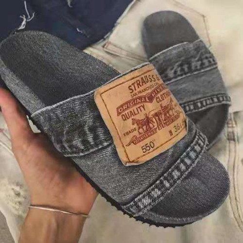 Color: Grey, Shoe size: 39 - Beach Solid Color Casual Denim Fish Mouth Flat-Heel Slippers Q119-CJNS107922923WD