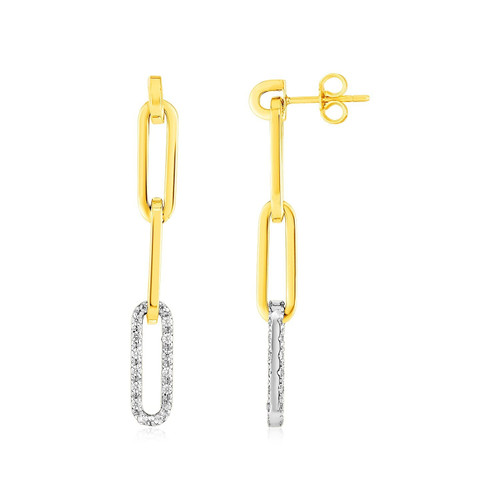 14k Yellow Gold Paperclip Chain Dangle Earrings with Diamonds P150-26537