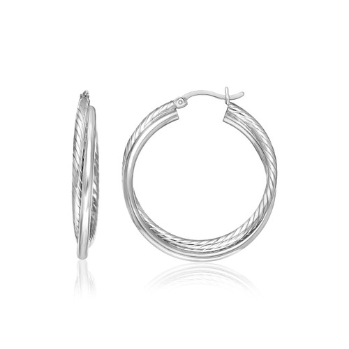 Sterling Silver Ridged Hoop Earrings with Textured Design P150-29478