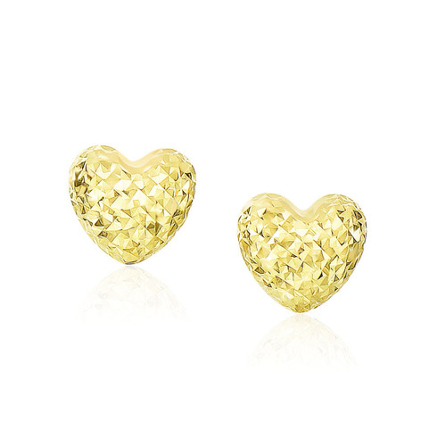 14k Yellow Gold Puffed Heart Earrings with Diamond Cuts(8mm) P150-90305