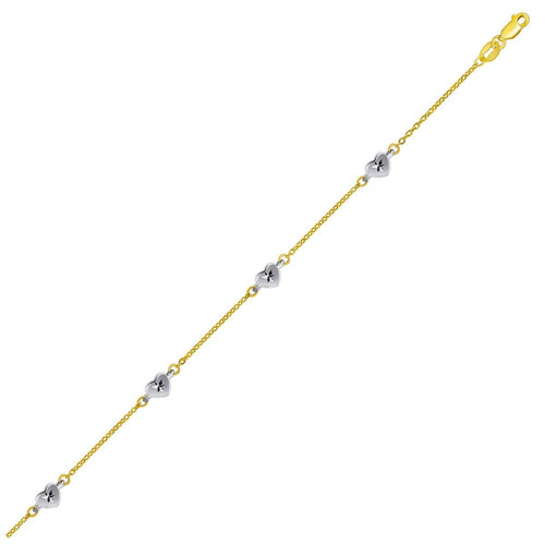 Size: 10'' - 14k Two Tone Gold Anklet with Diamond Cut Heart Style Stations P150-80966-10