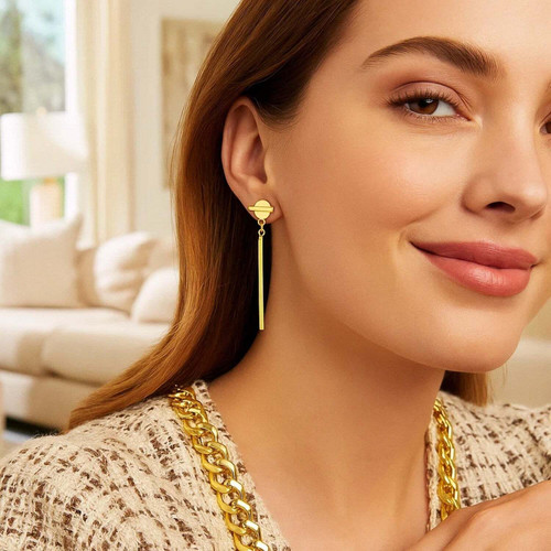 14k Yellow Gold Modern Disc and Bar Drop Earrings P150-58784