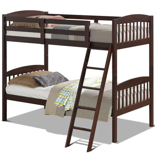 Solid Wood Twin Bunk Beds with Detachable Kids Ladder - Color: Brown D681-HW58907ES+